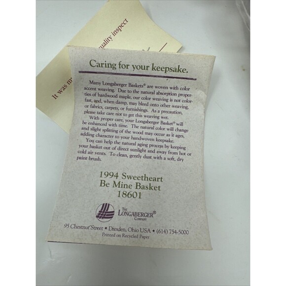 Longaberger 1994 Sweetheart Be Mine Basket, Liner, Protector Combo 18601 - Picture 5 of 12